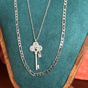 Silver CZ Diamond Key Pendant Necklace w/ Figaro Chain & Status Earrings